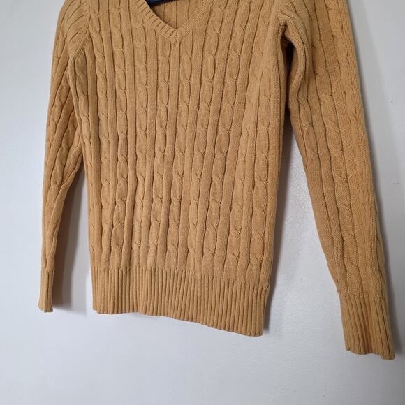 Vintage Yellow Cable Knit Fisherman Sweater Women PS Vneck Preppy Old Money Boho - Picture 3 of 8